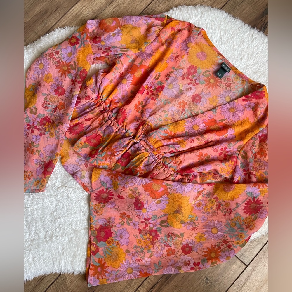 Floral bell sleeve tie front top